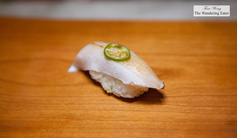Kanpachi (Amberjack) topped with jalapeno with soy sauce