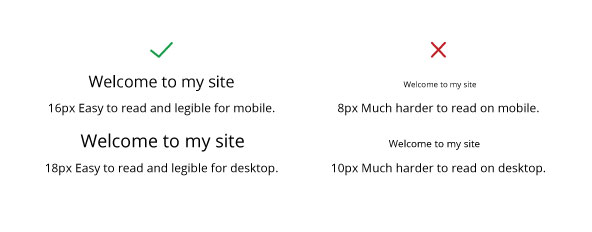 An example of legible font sizes for desktop and mobile