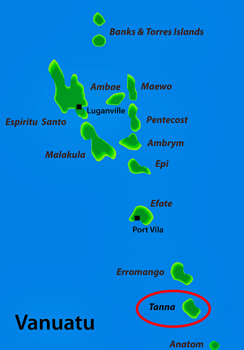 Map of Vanuatu which highlights the location of Tanna Island.