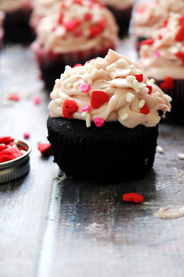 Black Velvet Cupcakes with Raspberry Jam Cream Cheese Frosting