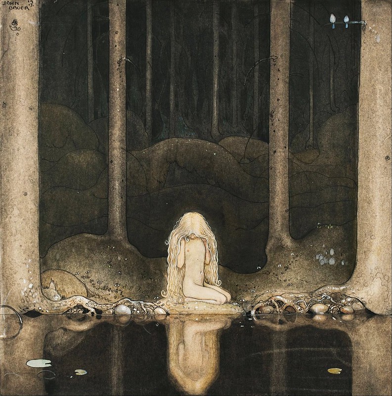 John Bauer - Princess Tuvstarr gazing down into the dark waters of the forest tarn (1913)