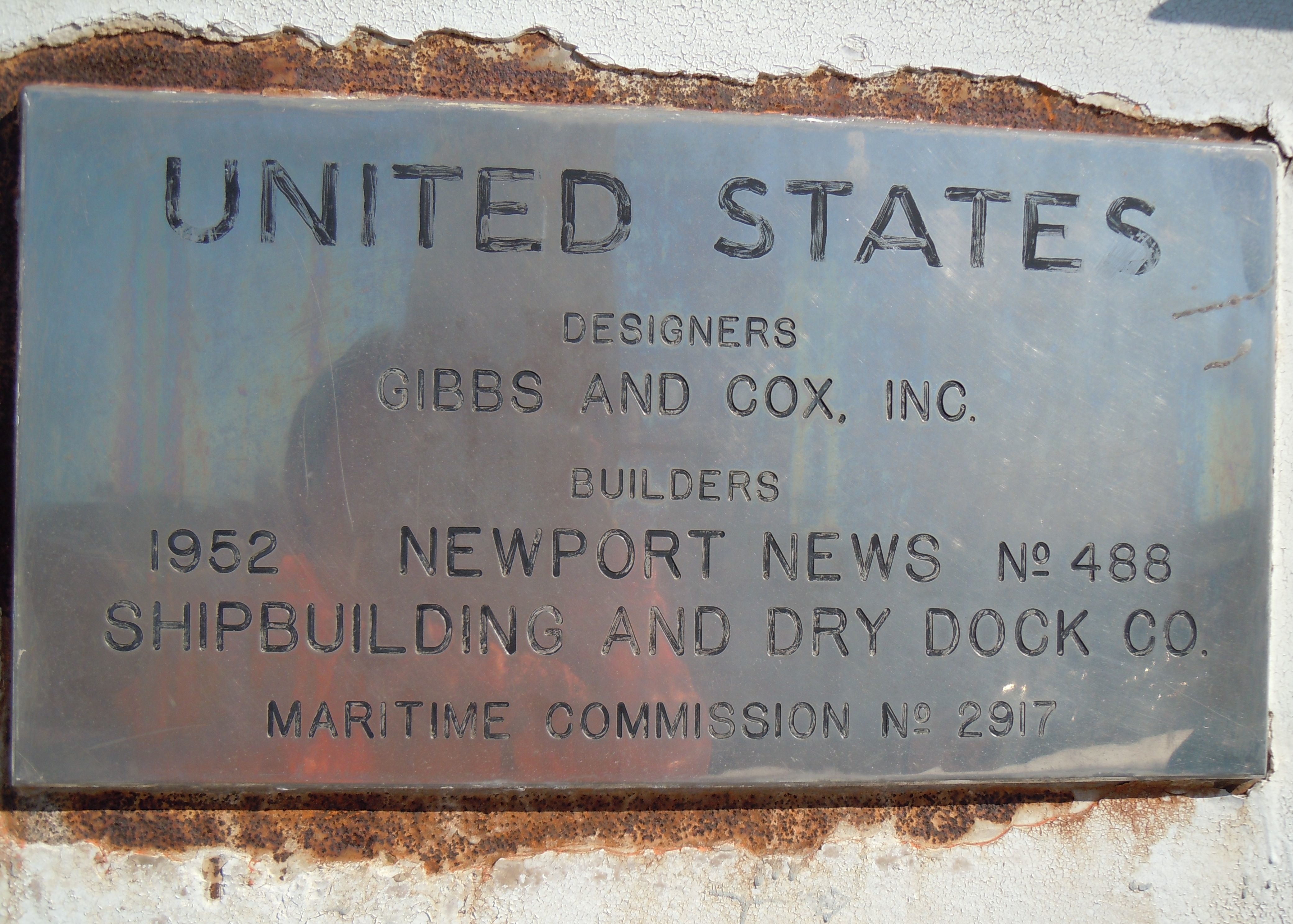Builder's plaque on SS United States. Photo taken on March 15, 2014.