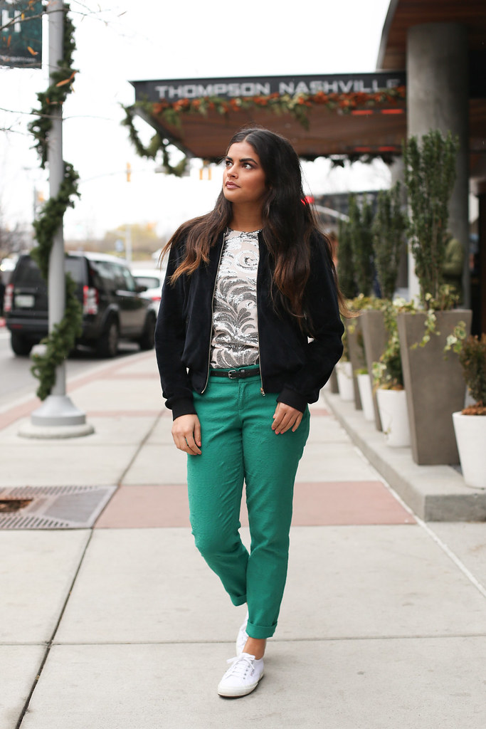 Priya the Blog, Nashville fashion blog, Nashville fashion blogger, festive Winter outfit, how to wear a sequin dress in the daytime, Wear More of What You Love, style strategy, sequin blouse and trousers, sequin blouse, velvet bomber jacket, Superga trainers, emerald green pants