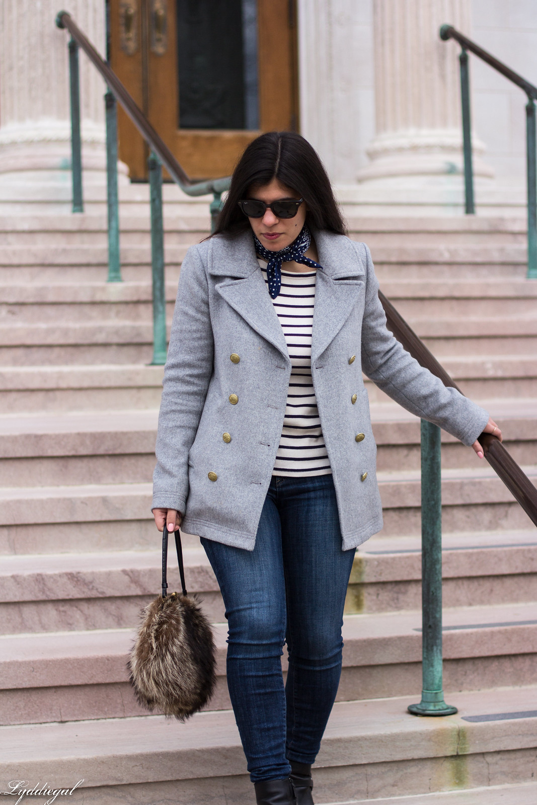grey pea coat, striped tee, neck scarf, vintage fur bag-25.jpg