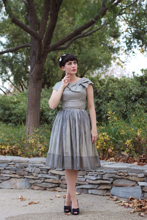 Vintage 50s Black and White Check Gingham Chiffon Party Dress