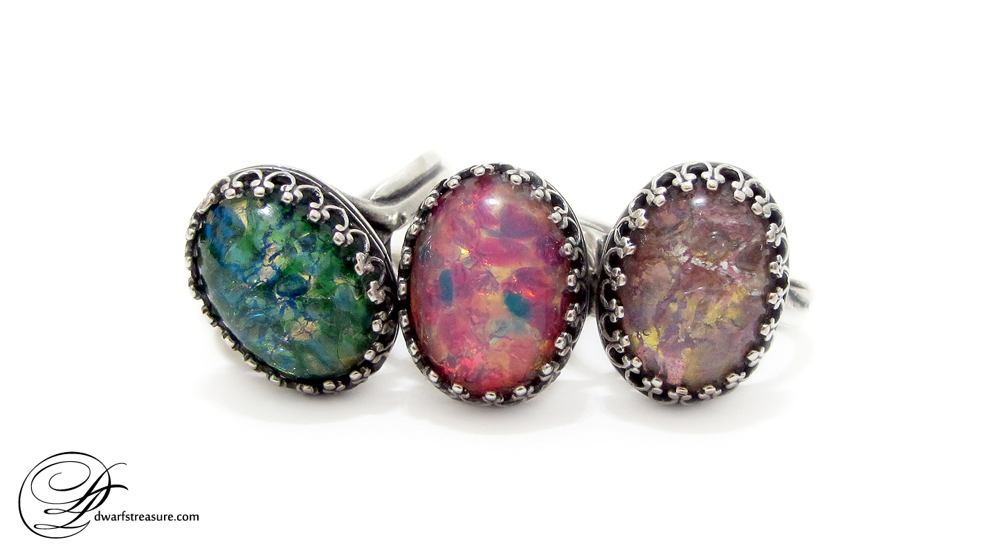 Beautiful custom made rings with different oval glass cabochons