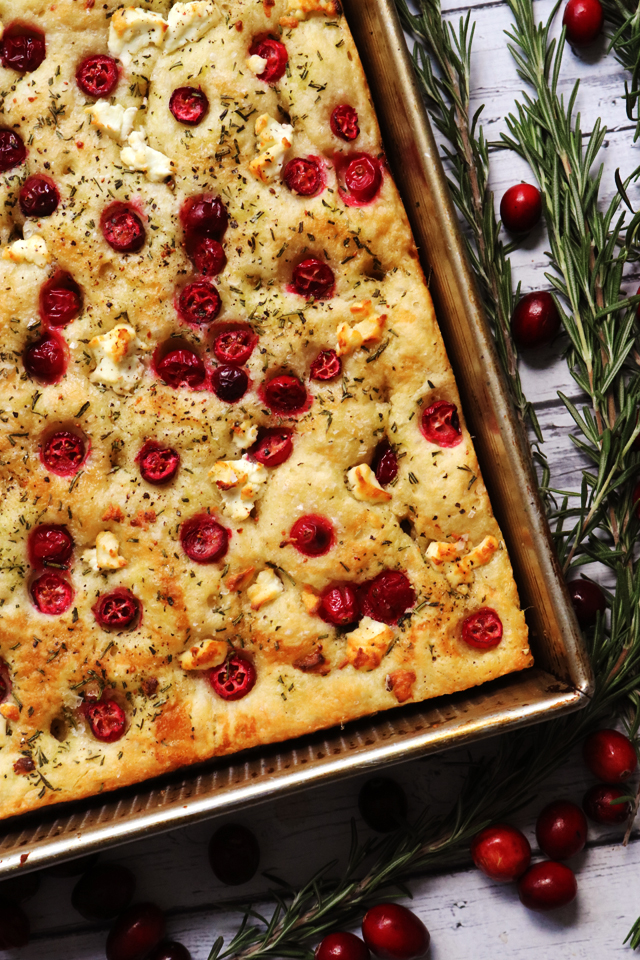Cranberry Goat Cheese Focaccia with Rosemary Oil and a Honey Drizzle