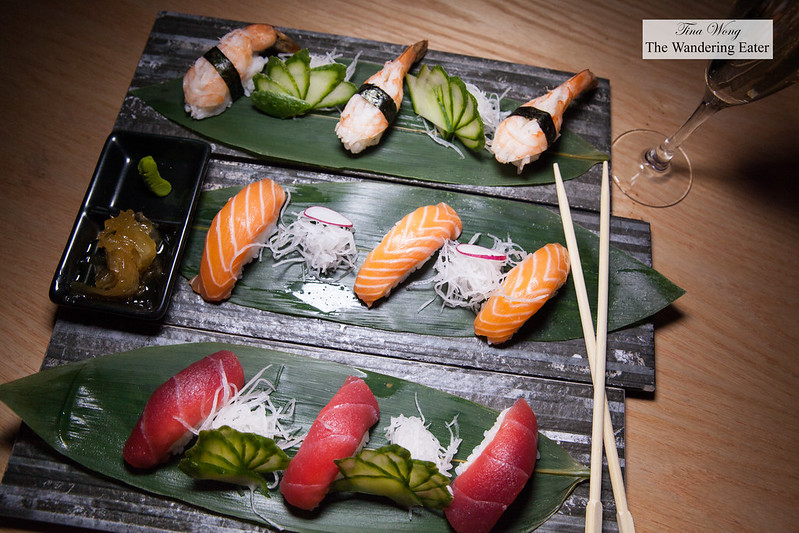 Tuna, salmon and shrimp nigiri