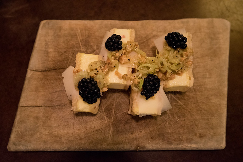 State Bird Provisions- Fillmore District, San Francisco, CA: Olive Oil 'Ice Cream' Sandwich, Anise Seed Macaron, Blackberries, Manchego