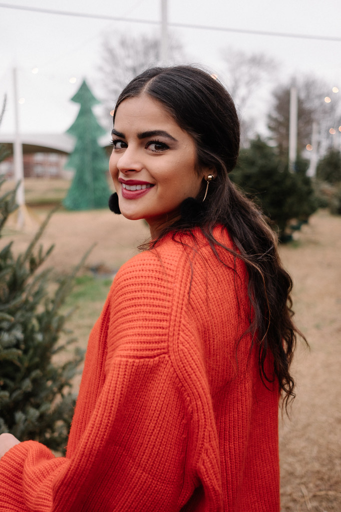 Priya the Blog, Nashville Fashion Blog, holiday outfit, Christmas outfit, Christmas tree farm outfit, red sweater holiday outfit, patent leather skirt, OTK boots, red chunky sweater