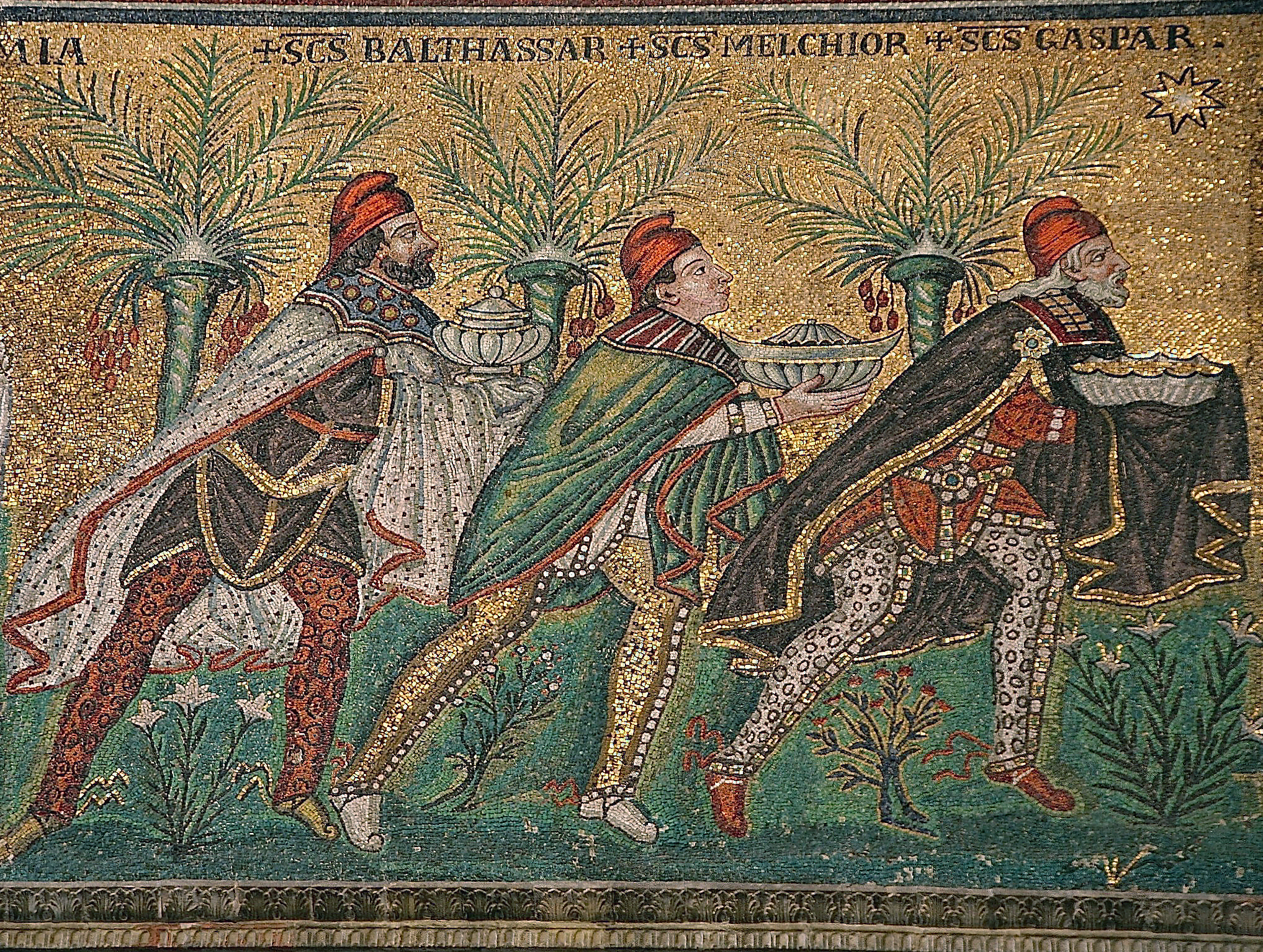 The Three Magi, Byzantine mosaic c. 565, Basilica of Sant'Apollinare Nuovo, Ravenna, Italy (restored during the 18th century). As here Byzantine art usually depicts the Magi in Persian clothing which includes breeches, capes, and Phrygian caps.