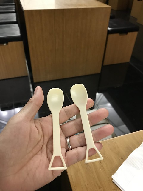 Hk  Cathay Pacific airline lounge,  plastic spoons