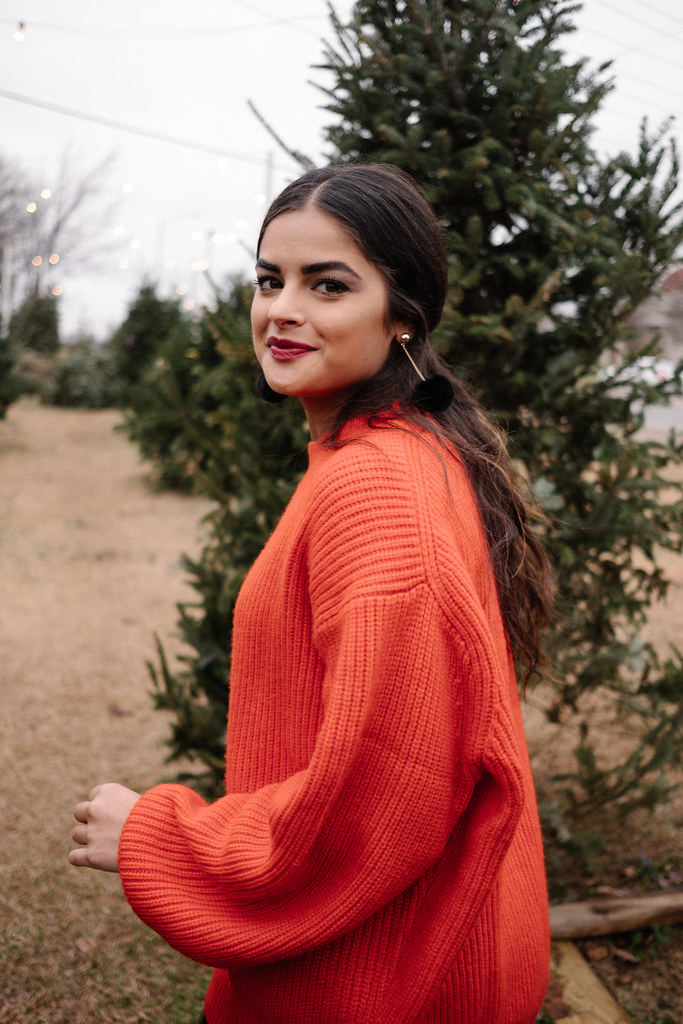 Priya the Blog, Nashville Fashion Blog, holiday outfit, Christmas outfit, Christmas tree farm outfit, red sweater holiday outfit, patent leather skirt, OTK boots, red chunky sweater