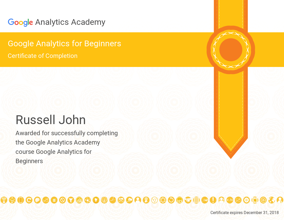 Certificate of Completion - Google Analytics for Beginners - Russell John
