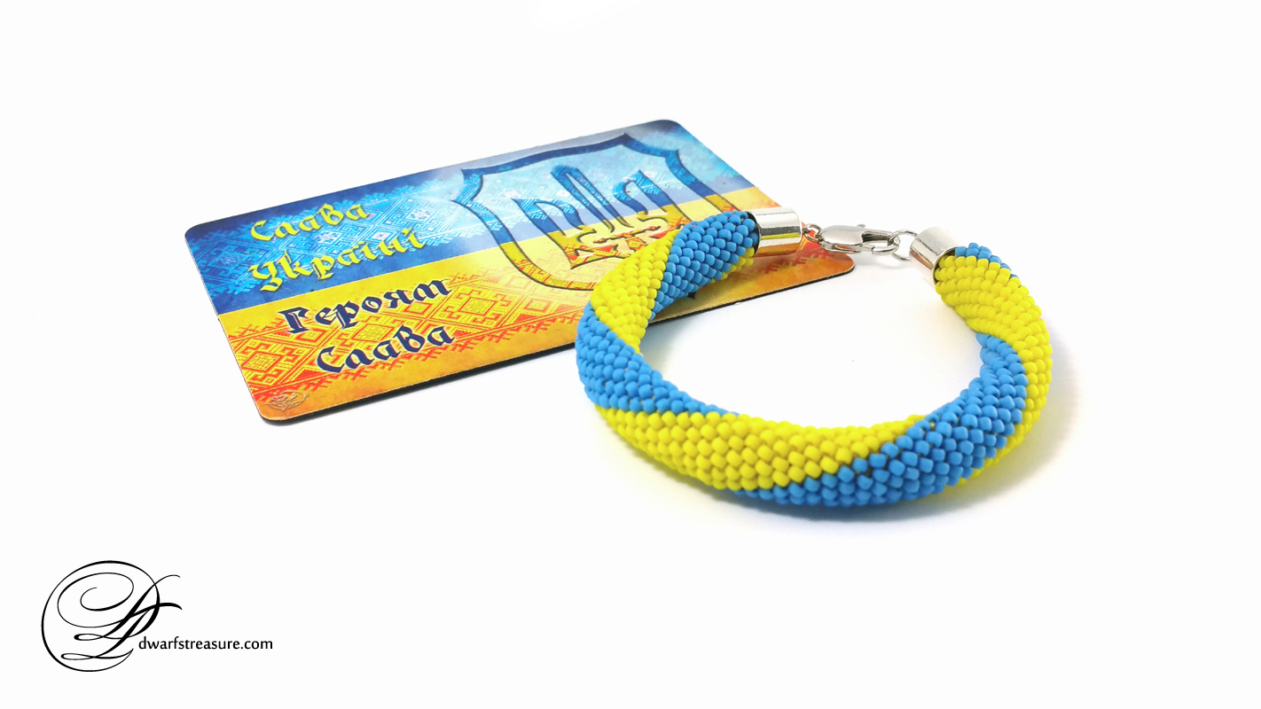 Delicate Ukrainian blue and yellow crochet beadwork rope bracelet