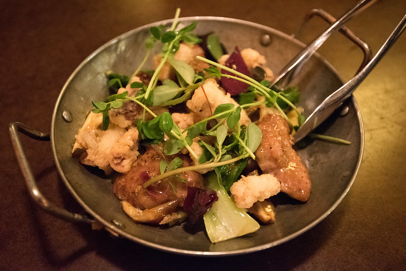 State Bird Provisions- Fillmore District, San Francisco, CA: Cumin Lamb 'Stir-Fry' With Dates, Squid and Shishito Peppers