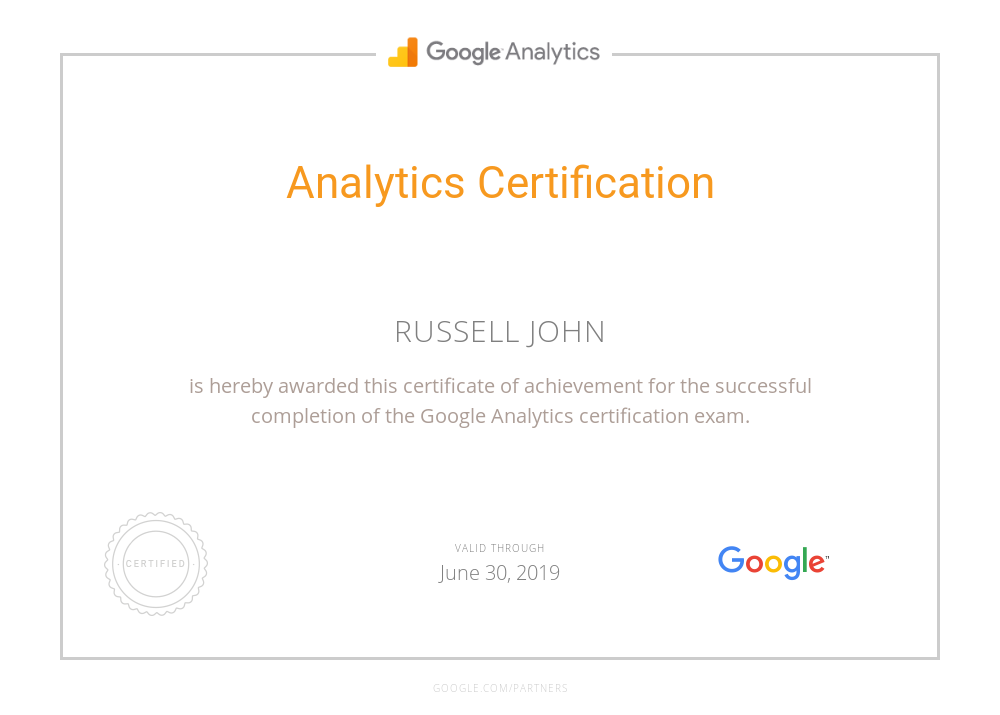 Google Analytics Certificate - Russell John