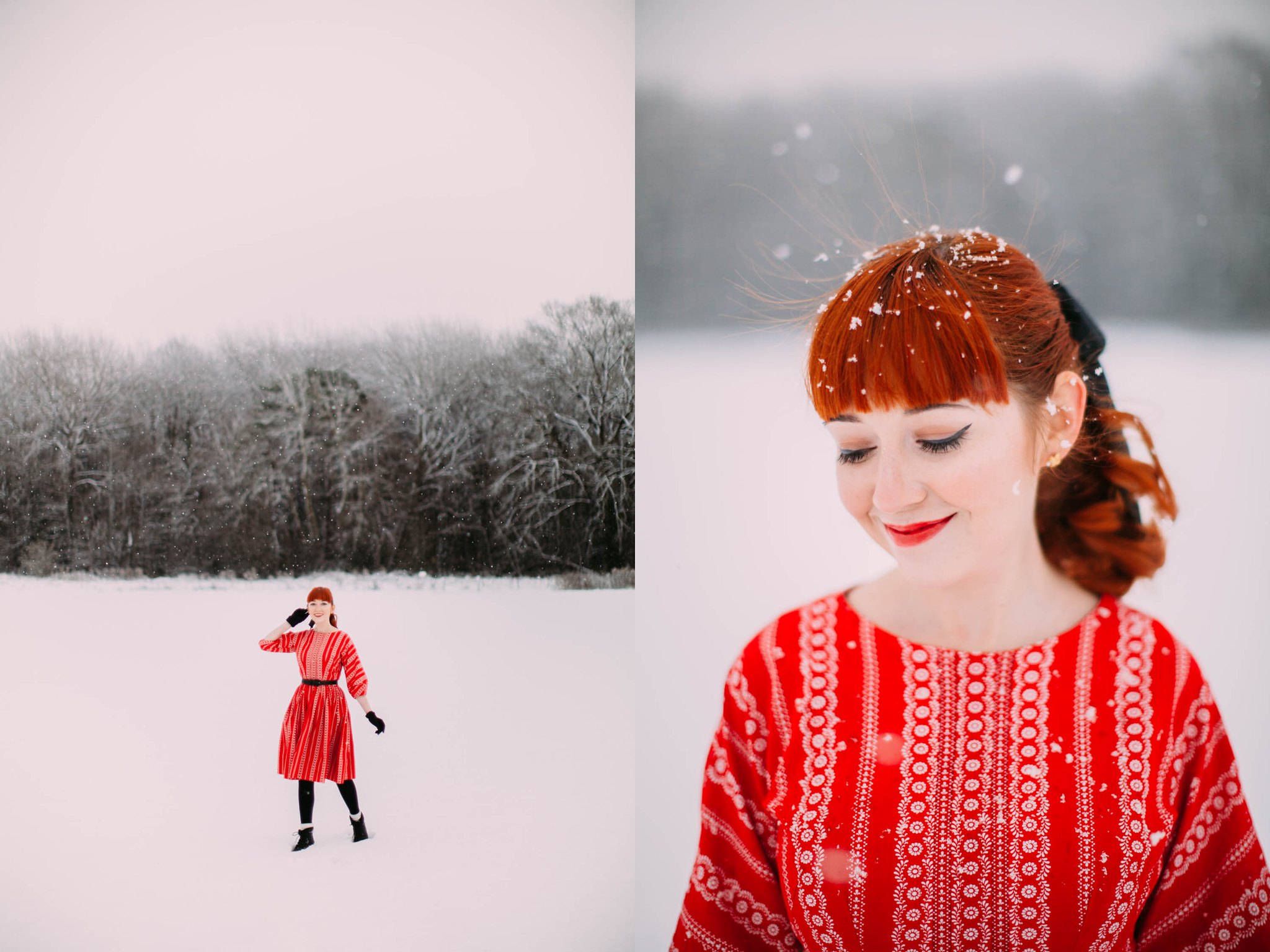 aclotheshorse snow red vintage dress happy holidays