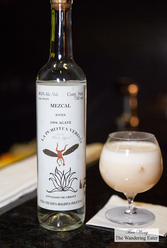 Smoked Casamilagros mezcal cocktail - honey water, chocolate bitters, Angostura bitters, egg white
