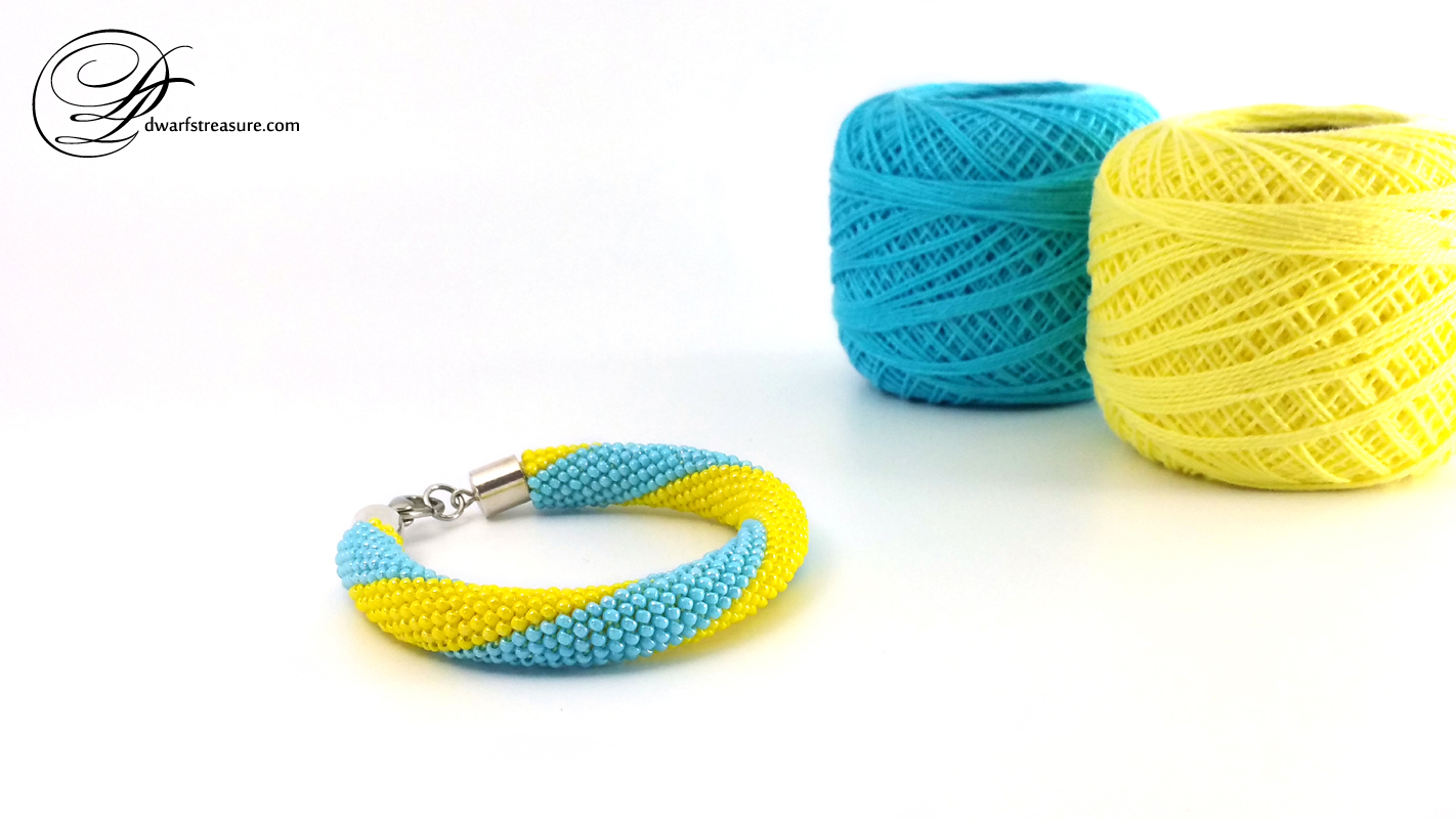 Fashion blue & yellow Ukrainian seed bead crochet rope bangle 