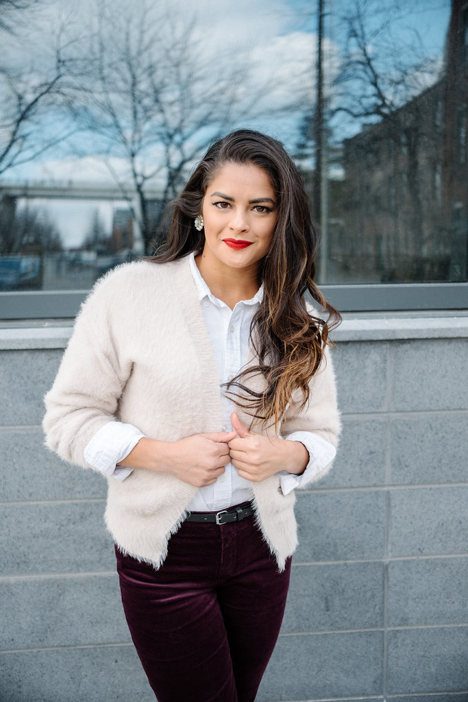 Priya the Blog, Nashville fashion blog, festive wear to work outfit, holiday inspired outfit, Christmas office outfit, purple velvet trousers, Old Navy plum velvet trousers, red lip, Stila Liquid lipstick Beso, vintage flea market earrings, fuzzy H&M cardigan