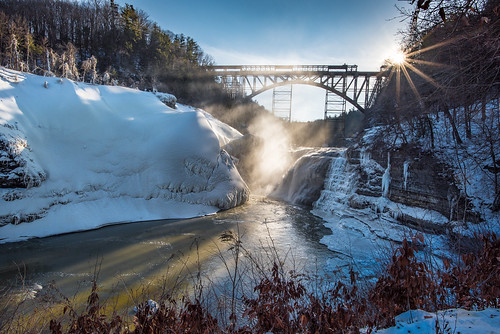 letchworth state park ny upstate new york waterfalls falls water rochester finger lakes landscape outdoors country snow ice cold bridge sun rays