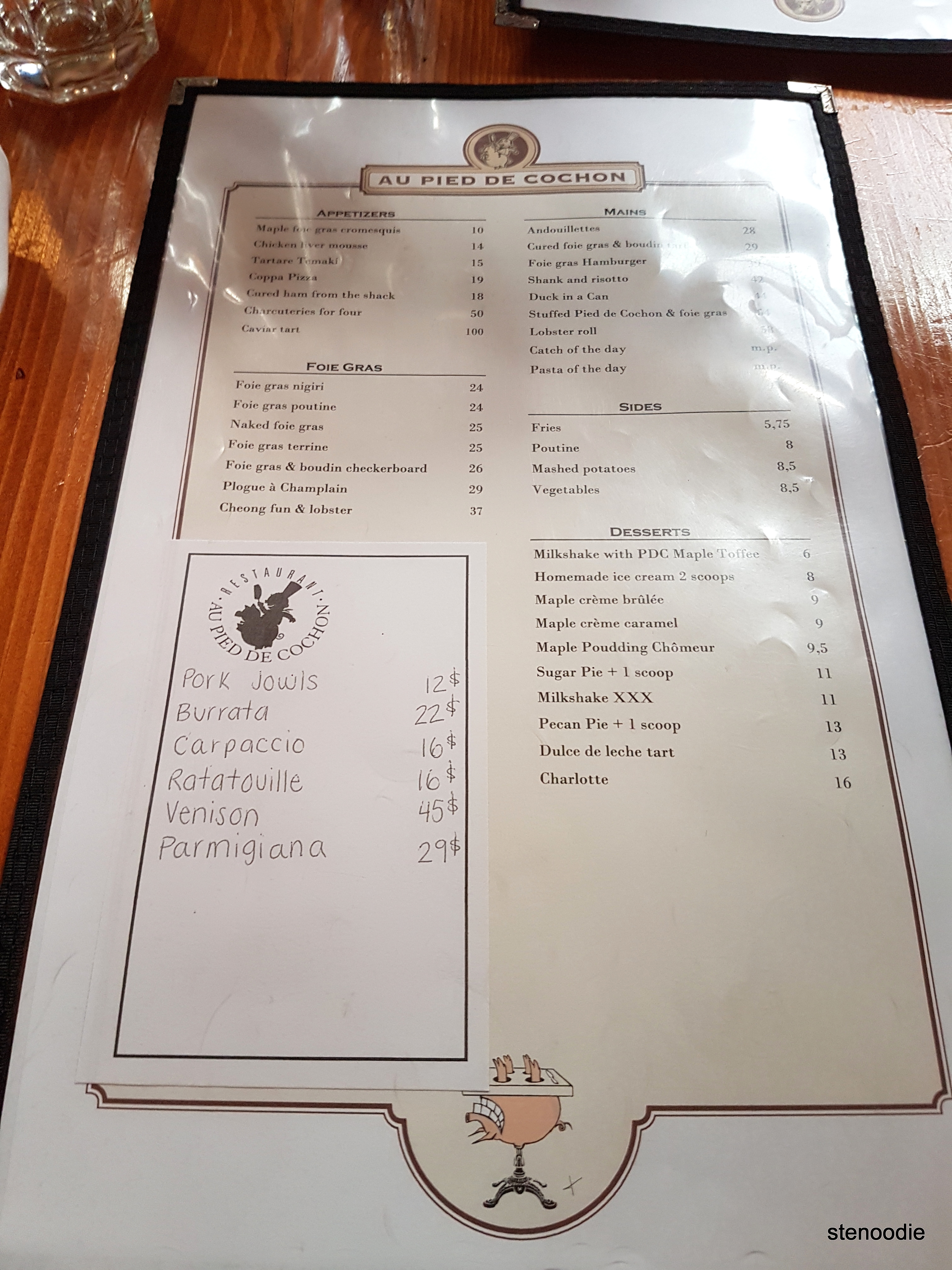 Au Pied de Cochon menu and prices
