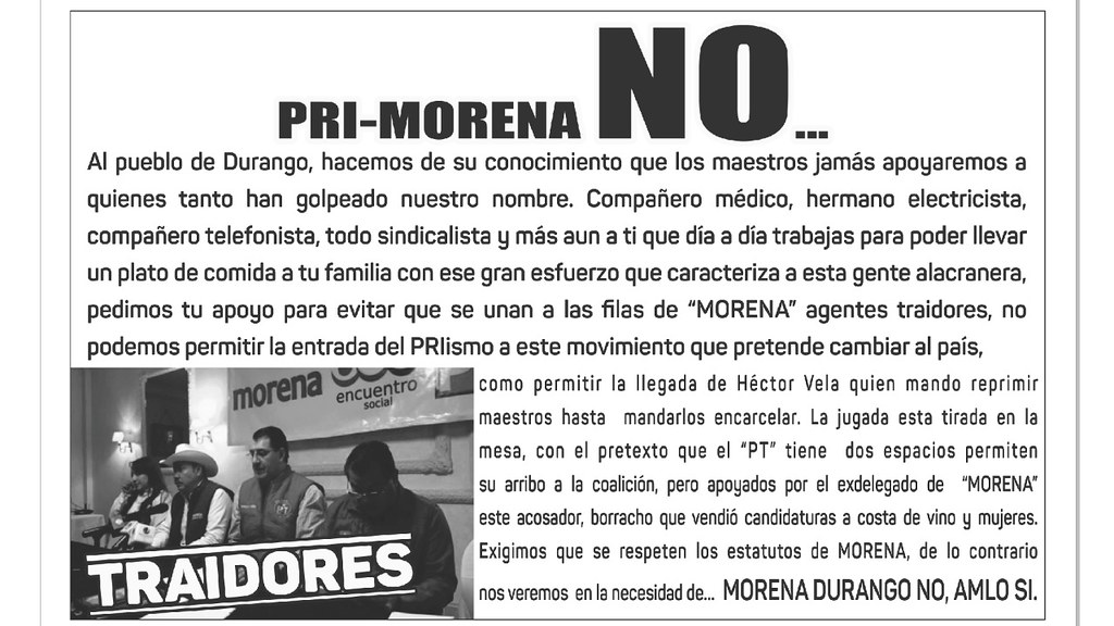 Volante con el que los profesores y mi litantes de Morena se manifestarán enérgicamente durante la visita de López Obrador a Durango este 8 de febrero.