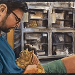 Man with Cat (version 2); acrylic on paper, 22 x 30 in, 2016