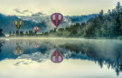 art balloon caughtinpixels clouds country foxglacier hdr highdynamicrange jacobsurland lake lakematheson landscape mountcook newzealand reflections southisland sunrise time tree trees water wood