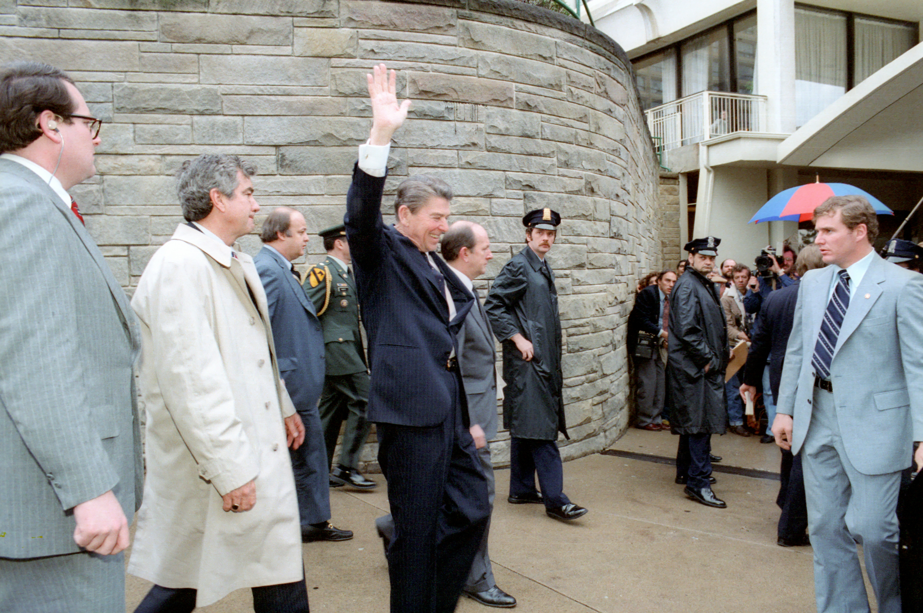 President Ronald Reagan, moments before shots were fired in an attempted assassination on March 30, 1981.