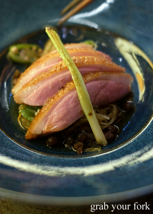 Duck breast with okra, peppers, swedes and muntries, part of our omakase by Chef Ryuichi Yoshii at Fujisaki by Lotus at Barangaroo in Sydney
