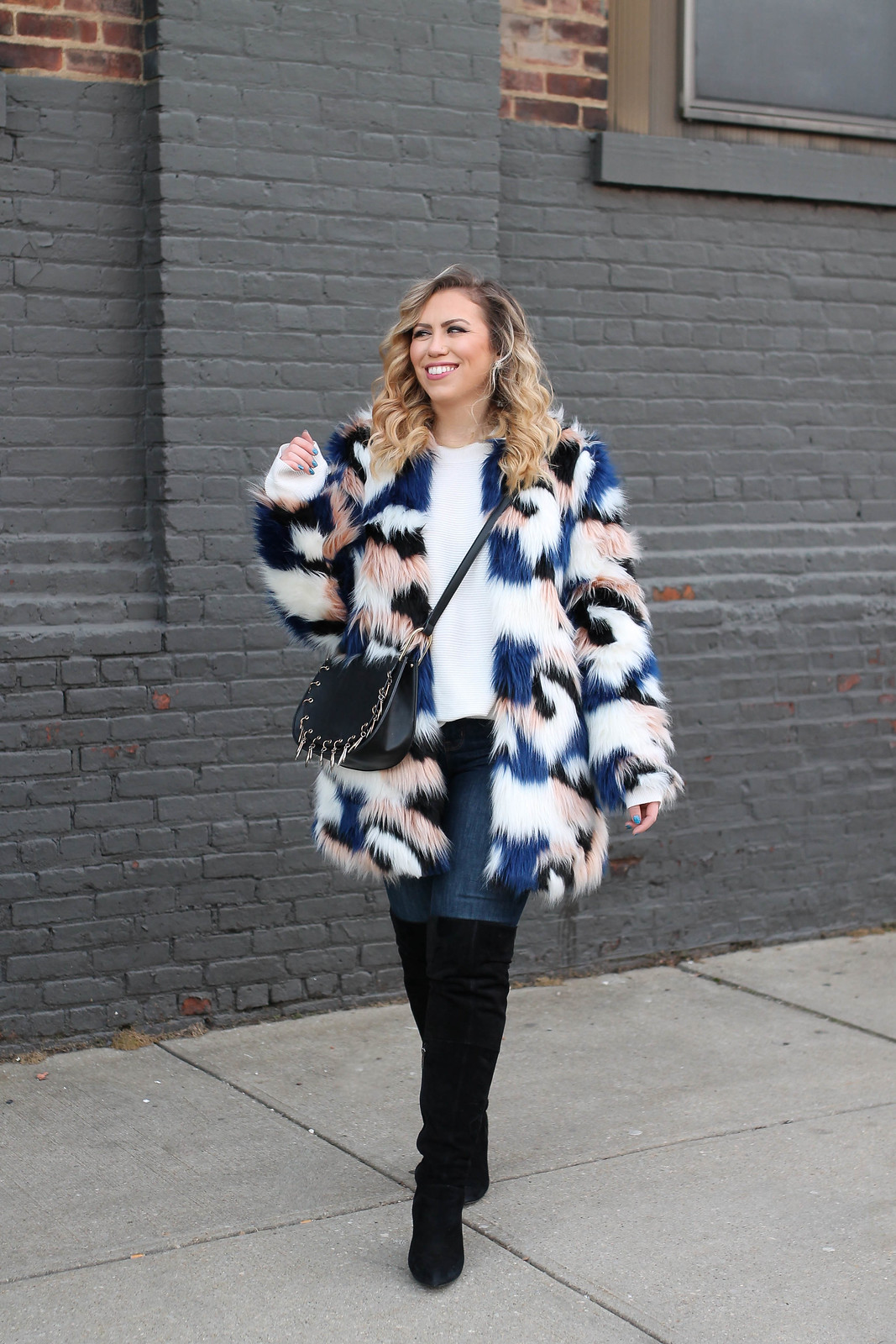 Colorful Faux Fur Winter Coat Old Navy Rockstar Jeans Black Suede OTK Boots Winter Outfit Inspiration