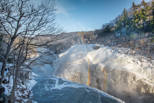 rainbow double letchworth falls waterfalls upstate ny new york winter cold snow ice day beautiful serene water tree rochester