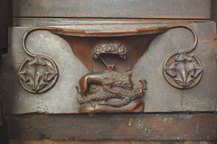 misericord: lion savaging a woodwose (15th Century)