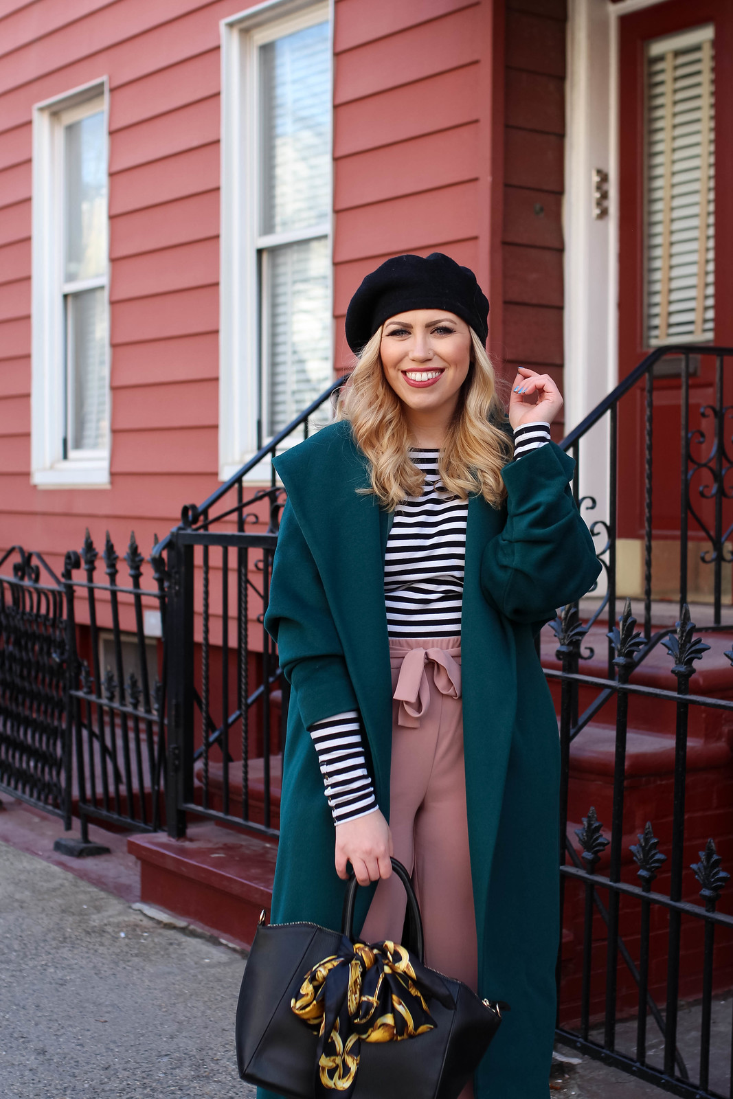 Winter 2018 Fashion Trends Black Beret Vintage Emerald Coat Striped Shirt Pink Culottes Outfit Inspiration