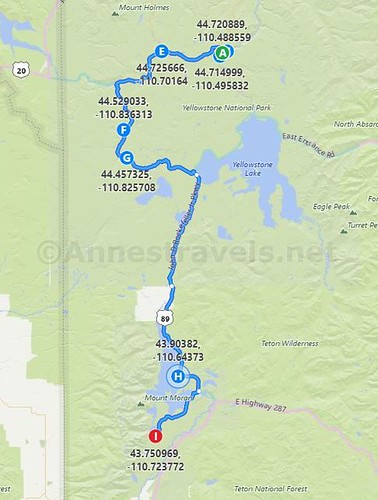 Map of the 3 day itinerary for an epic day hiking road trip to Yellowstone National Park and Grand Teton National Park, Wyoming
