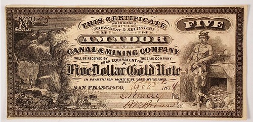 Amador Canal & Mining Company $5 Gold Note