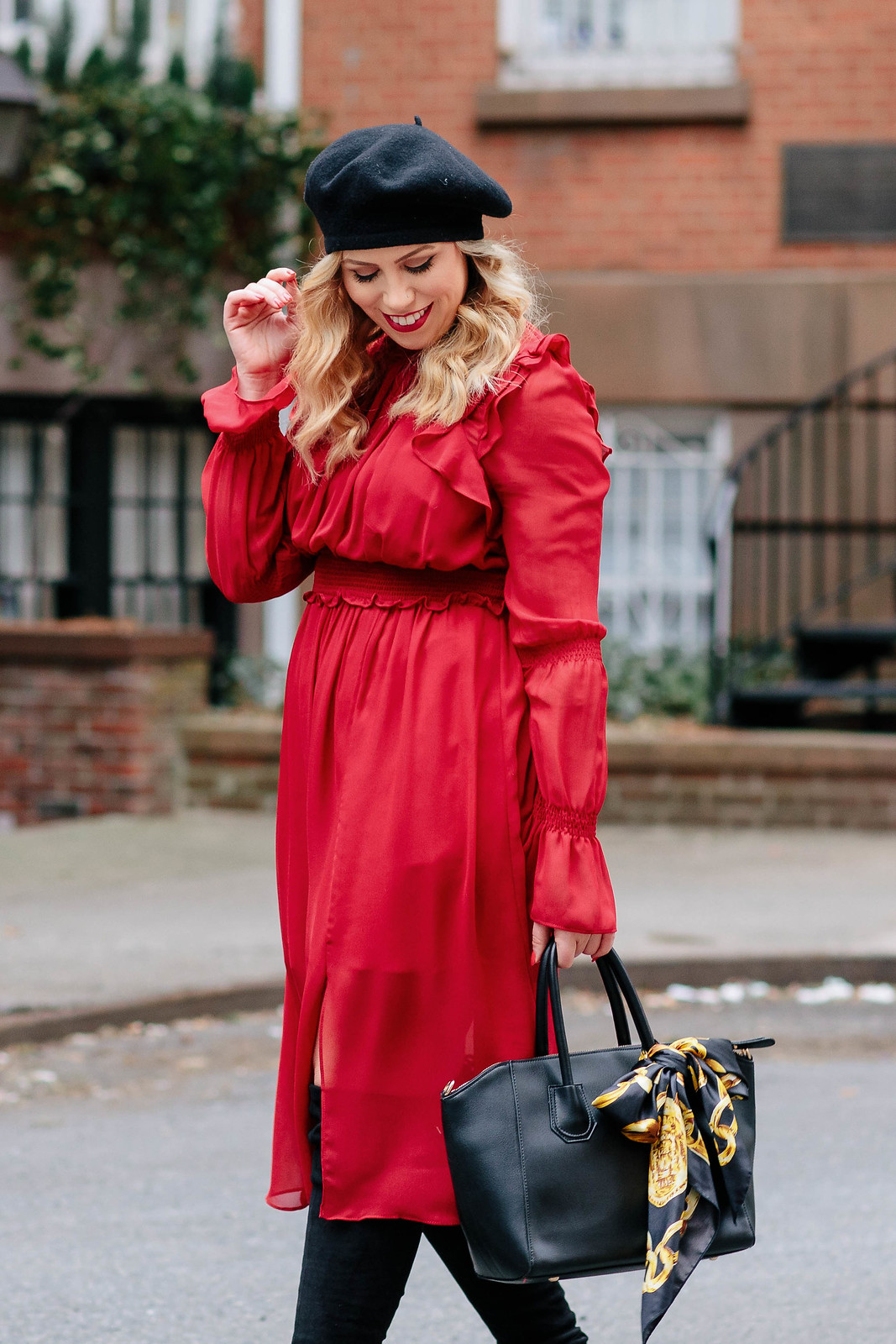 Red Ruffle Dress Black Beret French Style Outfit