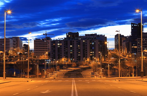Blue hour and lone avenue in Madrid