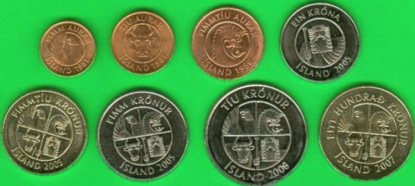 Sada mincí Island 5-10-50 Aurar - 100 Kroner 1981-2008
