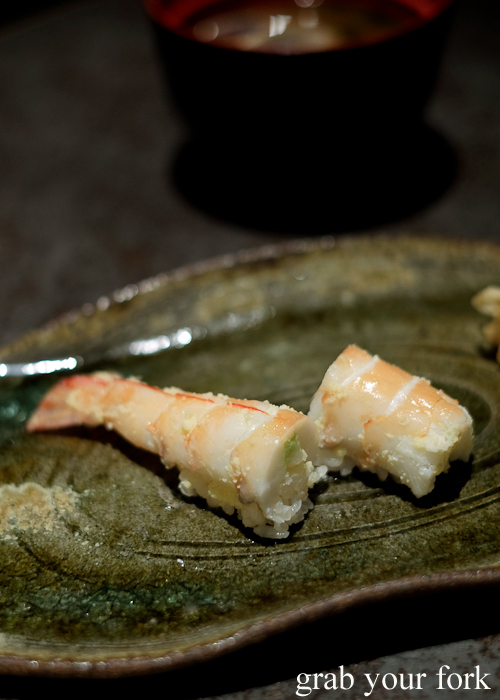 Prawn nigiri sushi in Edomae style, part of our omakase by Chef Ryuichi Yoshii at Fujisaki by Lotus at Barangaroo in Sydney
