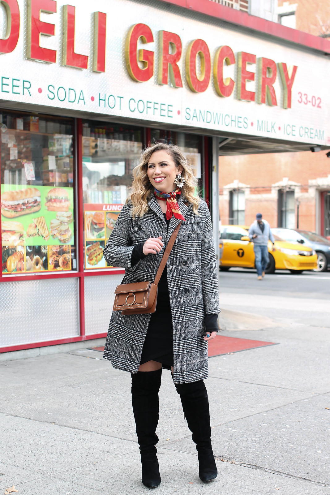 New York Winter All Black Outfit Plaid Coat Melie Bianco Cheri Bag Vintage Red Neck Scarf Curly Blonde Hair