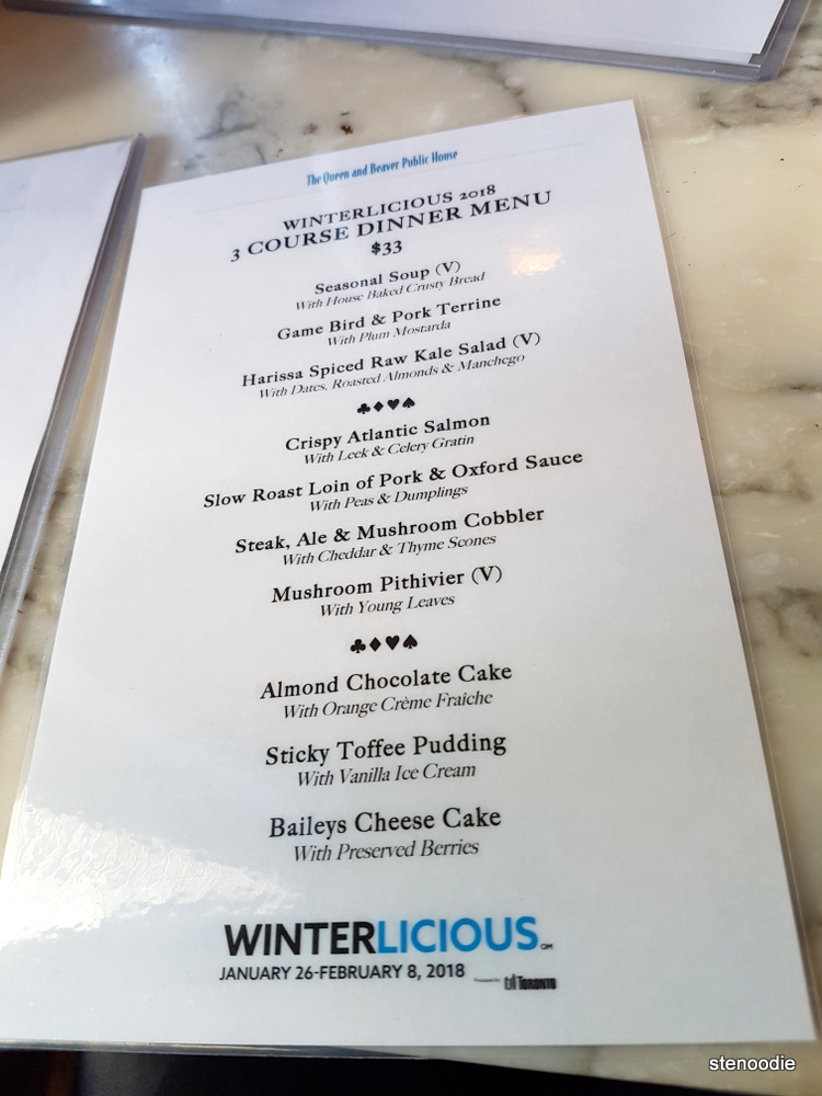  The Queen and Beaver Public House Winterlicious 2018 dinner menu