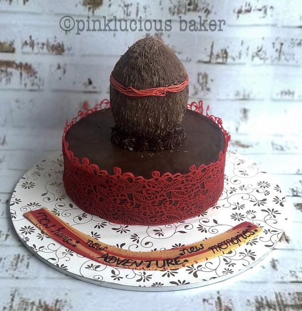 Pure chocolate ganache cake with edible lace & on top non-Fondant coconut is made of red velvet cake with holy thread on the auspicious occasion of house warming by Pinkle Sachdev Pinklucious Baker