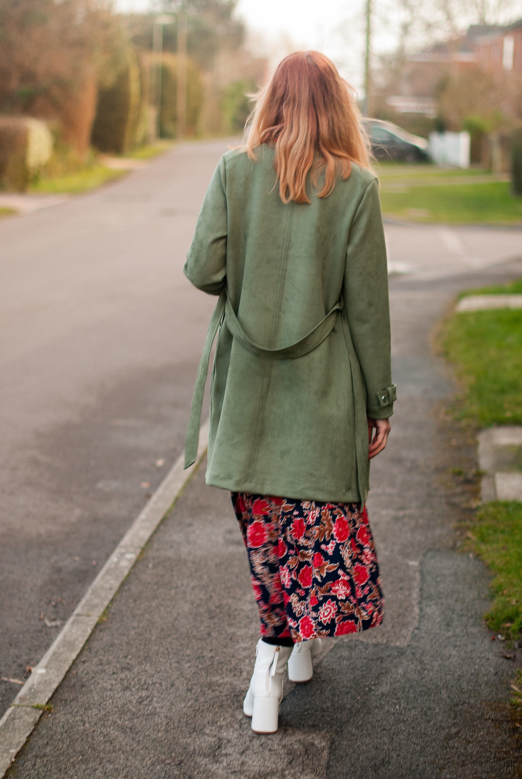 Floral maxi dress and white boots with longline khaki jacket and tan bumbag | Over 40 style fashion | Not Dressed As Lamb
