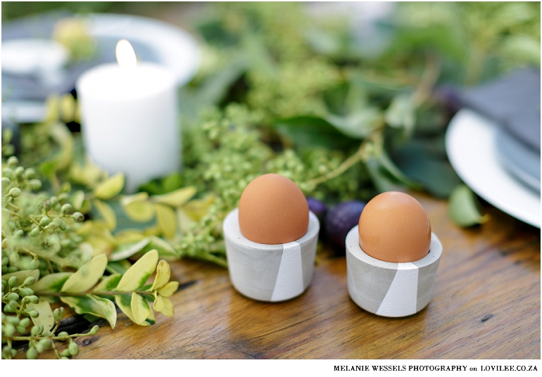 Easter brunch ideas - cement egg cups with white geometric lines by The WJ Collection