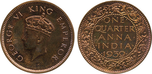 1939 India Bombay Quarter Anna Obverse Type I (b) Original Proof both