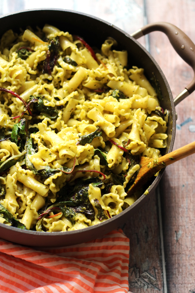 Pesto and Goat Cheese Gigli Pasta with Swiss Chard