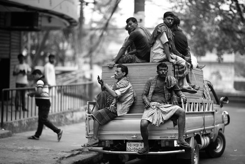 workers labourers truck pickup friday afternoon candid street navalavenue chittagong bangladesh windshield